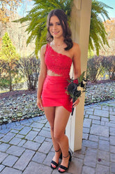 Red - One Shoulder Bodycon Satin Short Homecoming Dresses With Appliques